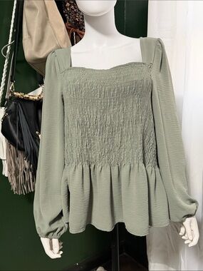 Misia Sage Green Smocked Square-Neck Peplum Blouse
